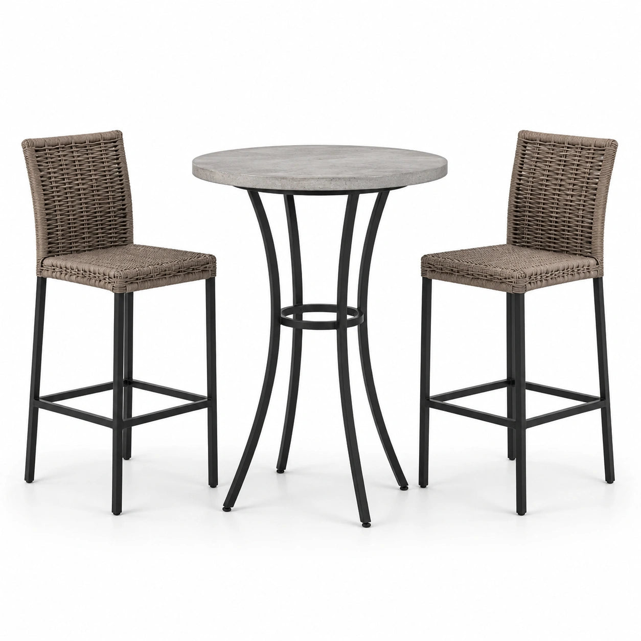 3-teiliges Balkonmöbel-Set mit Bartisch Ø 70 × 95 cm und 2 Barstühlen 45 × 52 × 108 cm, Taupe/Grau/Schwarz