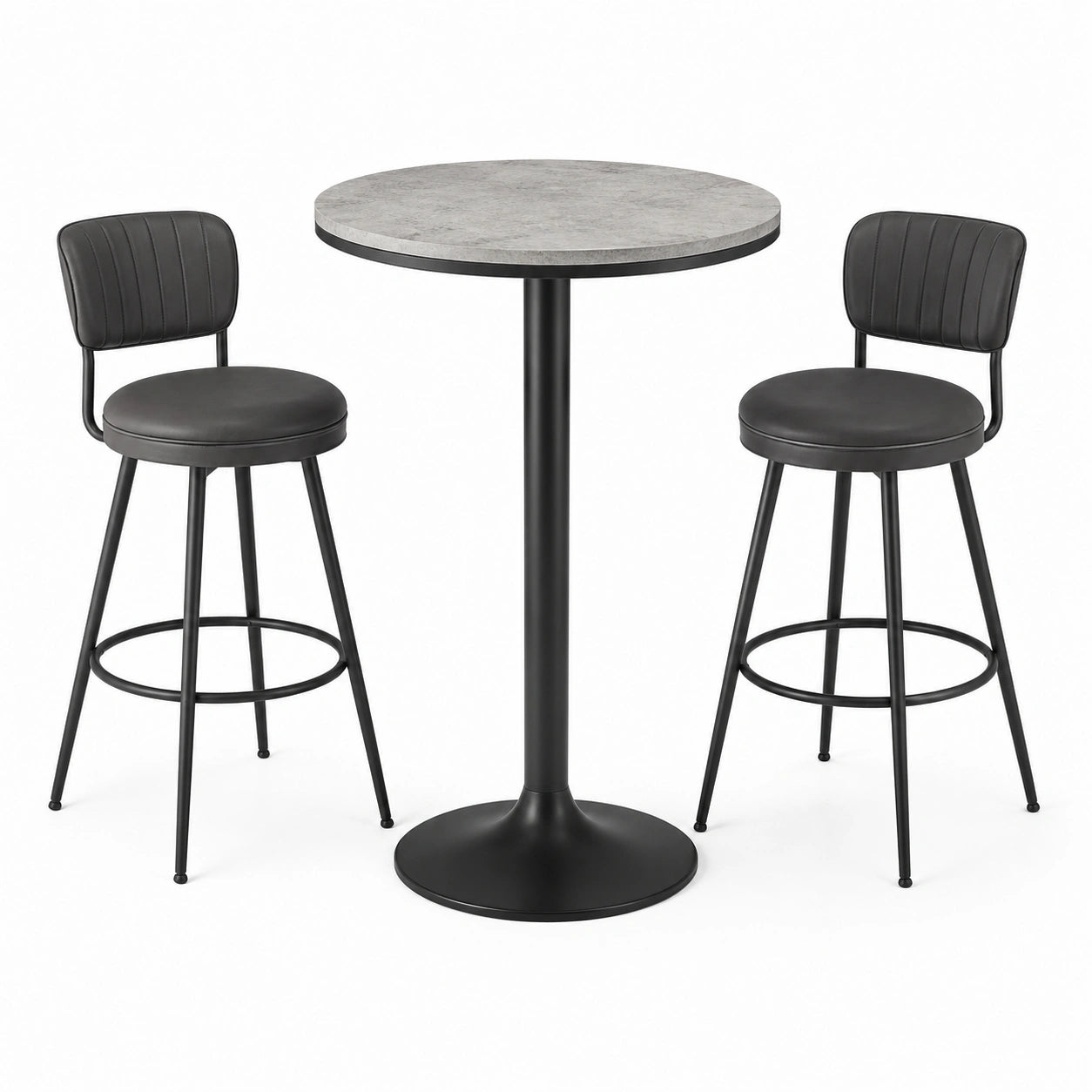 3-teilige Bartisch-Garnitur in Grau-Schwarz, Tisch Ø 80 × 105 cm, 2 Barhocker 49 × 52 × 98 cm
