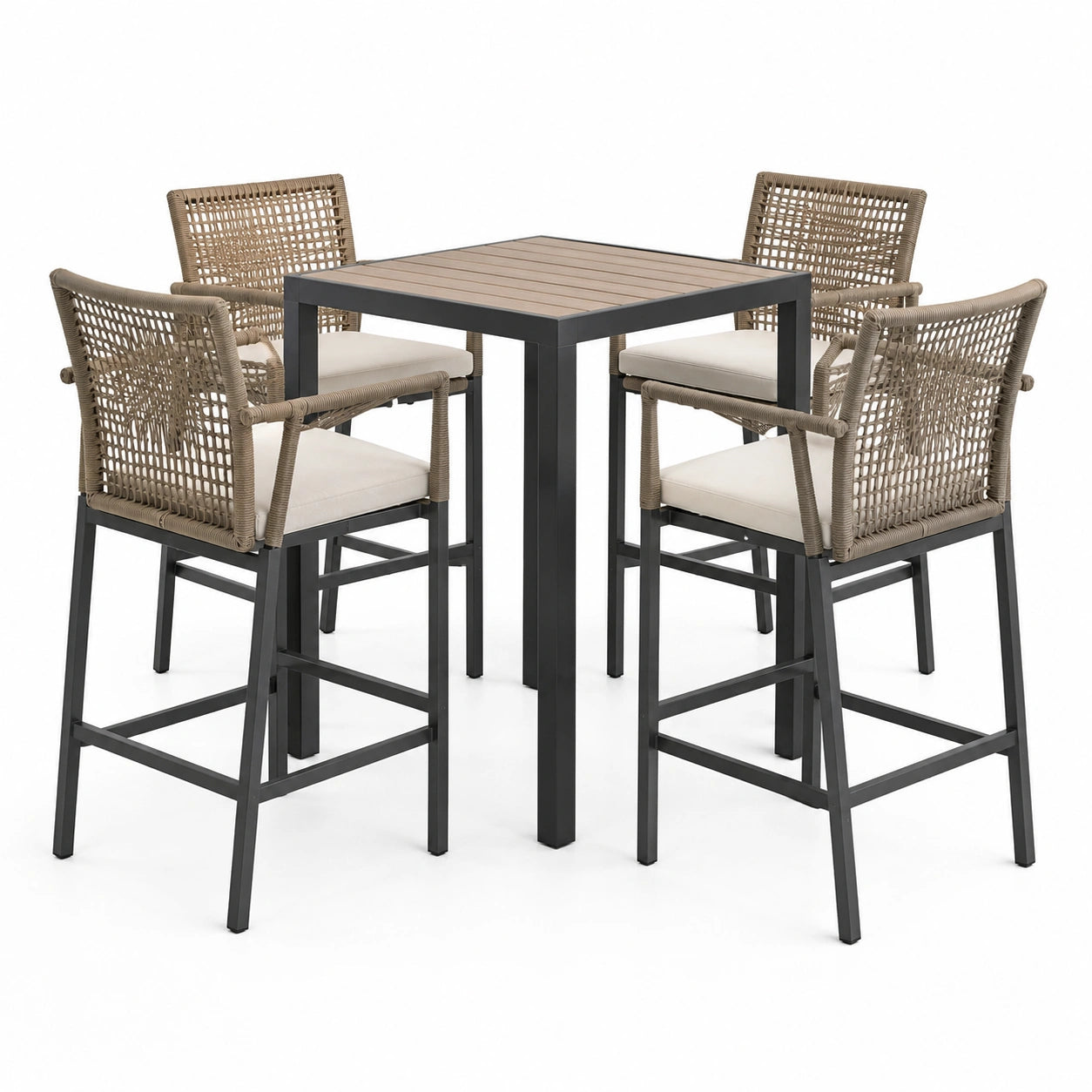 5-teiliges Gartenbar-Set mit Bartisch 90 × 90 × 105 cm und 4 Barstühlen 56 × 58 × 112 cm, Taupe/Schwarz/Creme/Braun