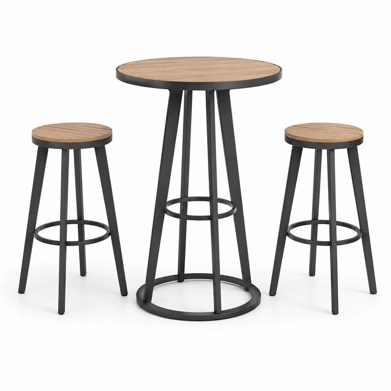 3-teiliges Bartisch-Set, Tisch Ø 80 × 105 cm und 2 Hocker Ø 35 × 75 cm, Braun/Schwarz
