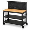 Mobile Werkbank mit Lochwand, 3 Ablagen und Lenkrollen, Stahl und Holz, Schwarz/Natur, 120 × 60 × 150 cm