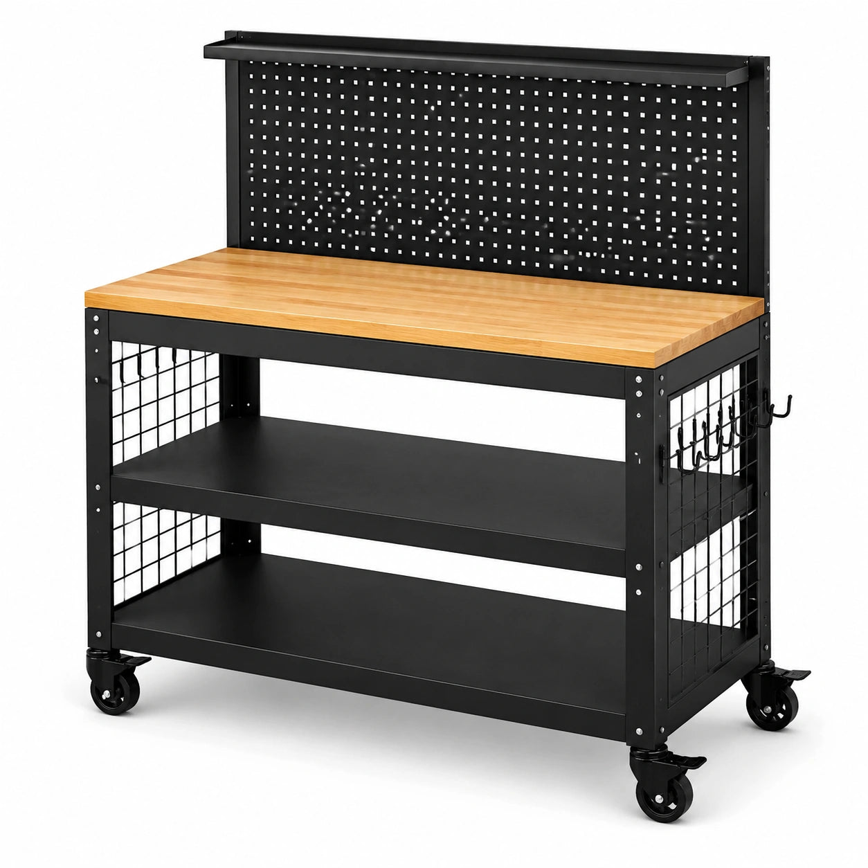 Mobile Werkbank mit Lochwand, 3 Ablagen und Lenkrollen, Stahl und Holz, Schwarz/Natur, 120 × 60 × 150 cm