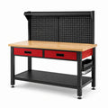 Werkbank aus Stahl und Holz, 120 × 60 × 150 cm, Schwarz-Rot-Natur, mit Lochwand und 2 Schubladen