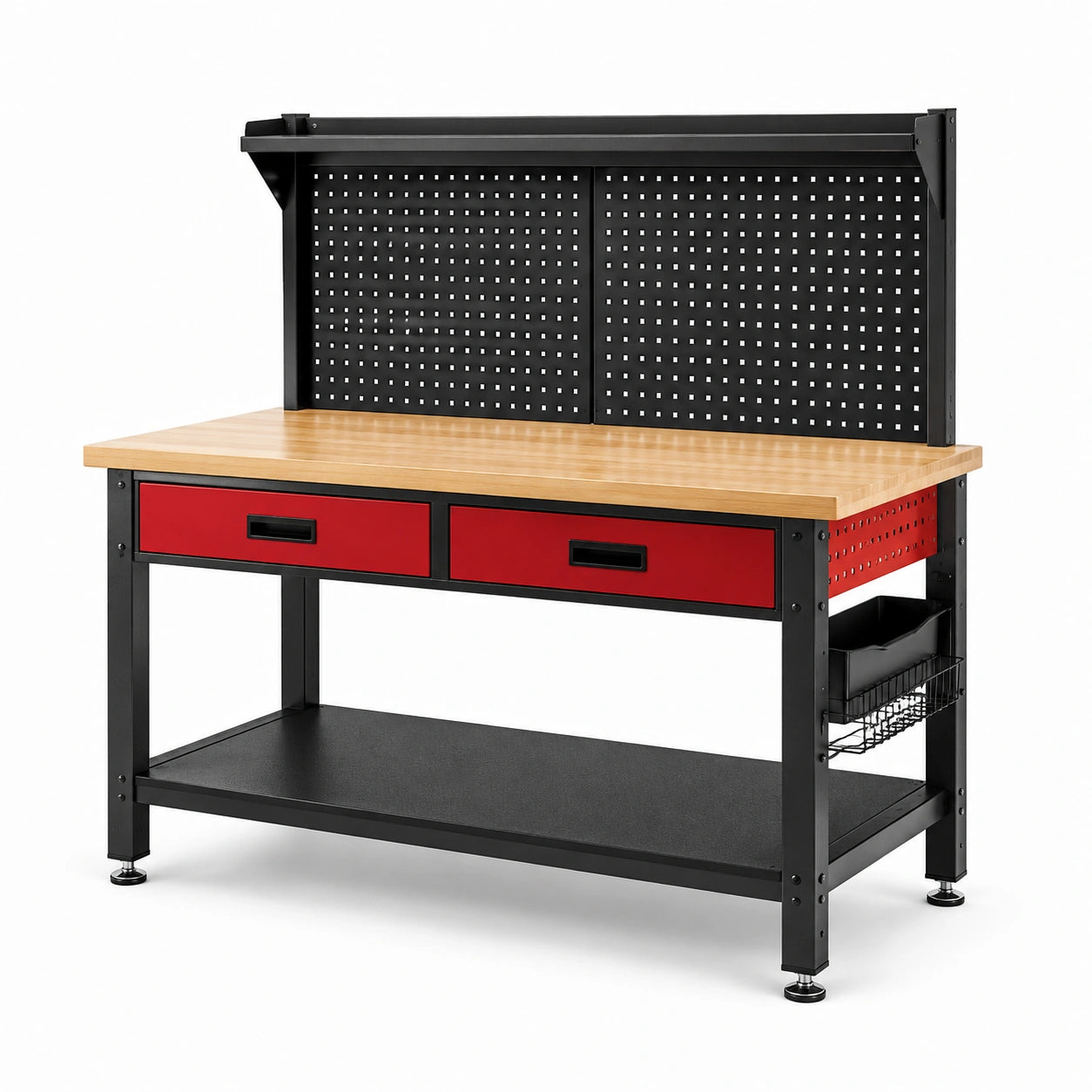 Werkbank aus Stahl und Holz, 120 × 60 × 150 cm, Schwarz-Rot-Natur, mit Lochwand und 2 Schubladen