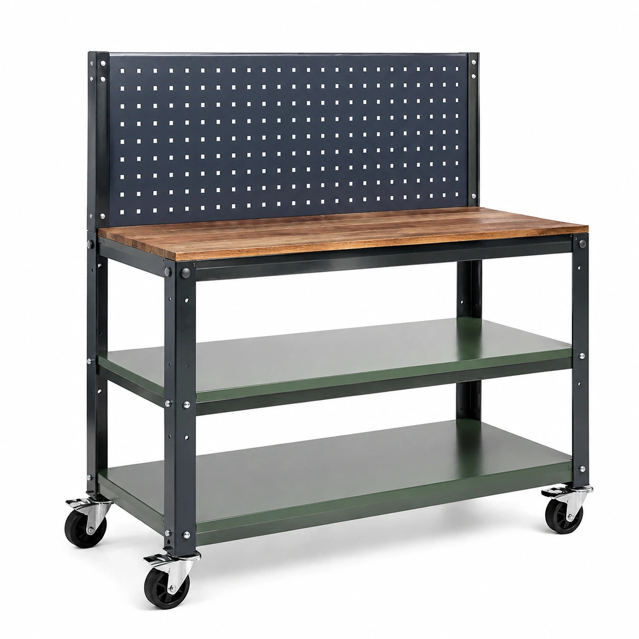 Mobile Werkbank mit Lochwand, 2 Ablagen und 4 Lenkrollen, 120 × 60 × 150 cm, Stahl und Holzwerkstoff, Schwarz/Braun/Dunkelgrün
