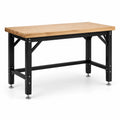 Werkbank mit massiver Holzplatte und Stahlgestell, 120 × 60 × 90 cm, Natur, Schwarz und Silber, höhenverstellbare Füße