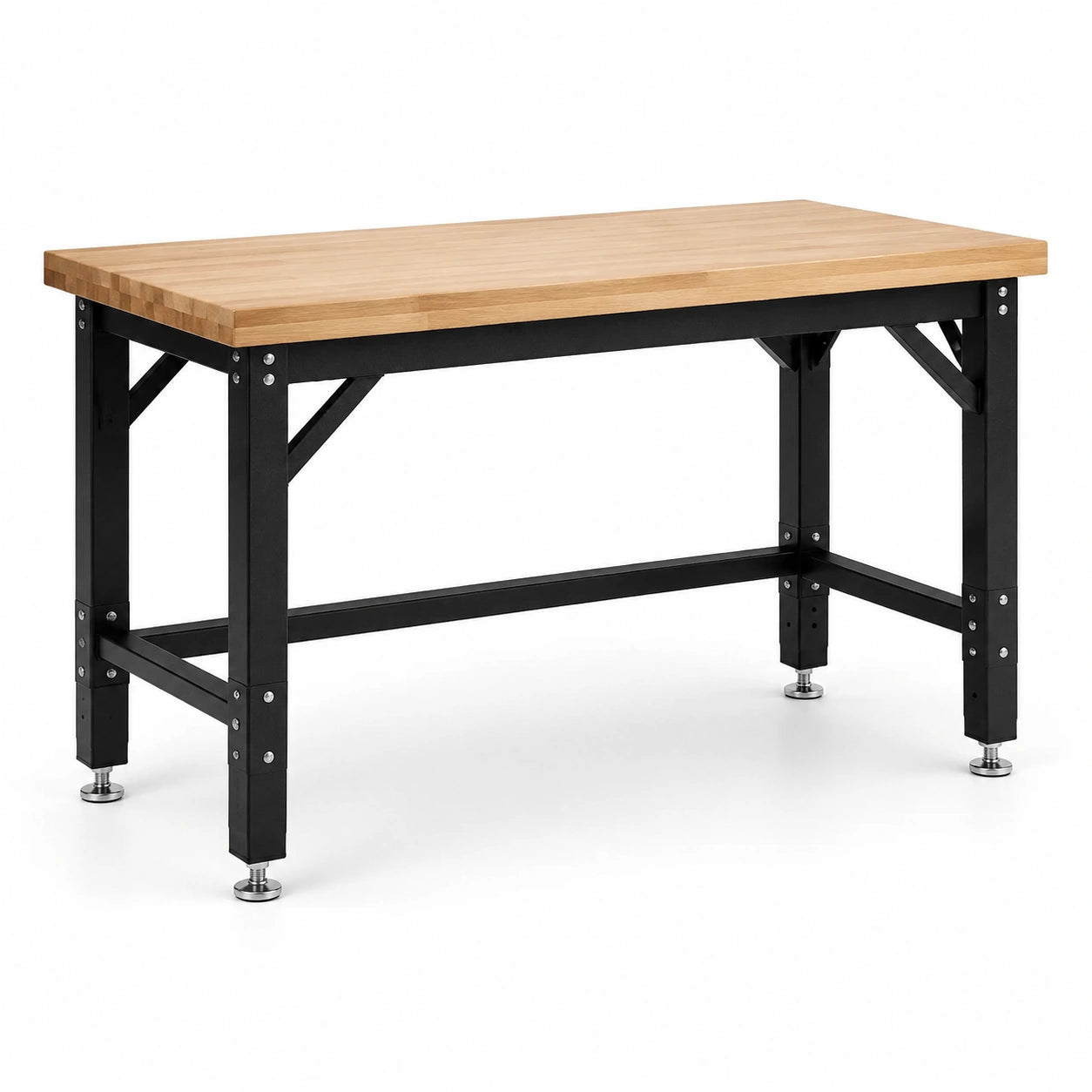 Werkbank mit massiver Holzplatte und Stahlgestell, 120 × 60 × 90 cm, Natur, Schwarz und Silber, höhenverstellbare Füße