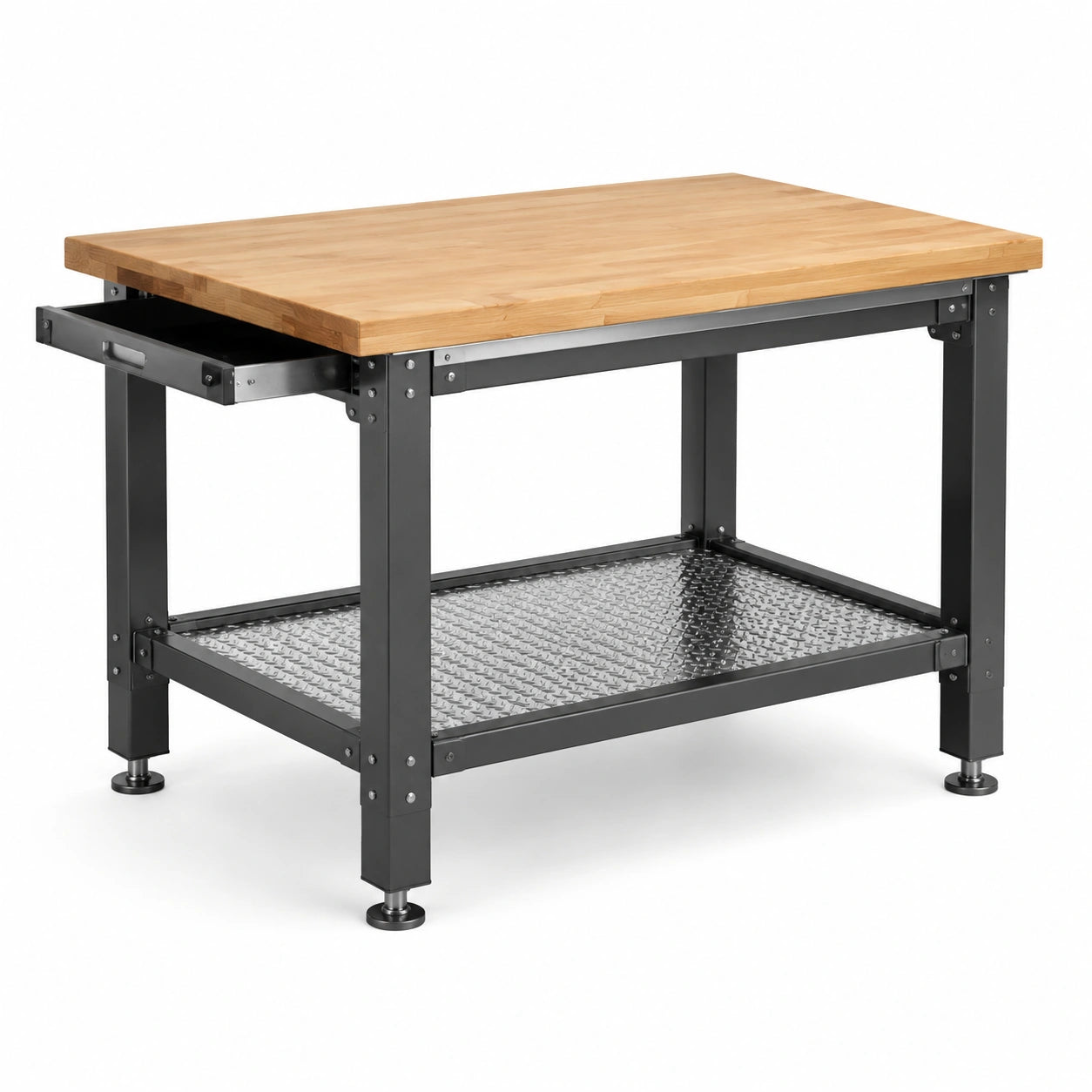 Werkbank aus Holz und Stahl mit Schublade und Ablage, 120 × 60 × 90 cm, Natur/Schwarz