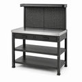 Stahl-Werkbank mit Lochwand, 120 × 60 × 155 cm, Schwarz/Silber, Edelstahl-Arbeitsplatte, 2 Schubladen und 3 Ablagen