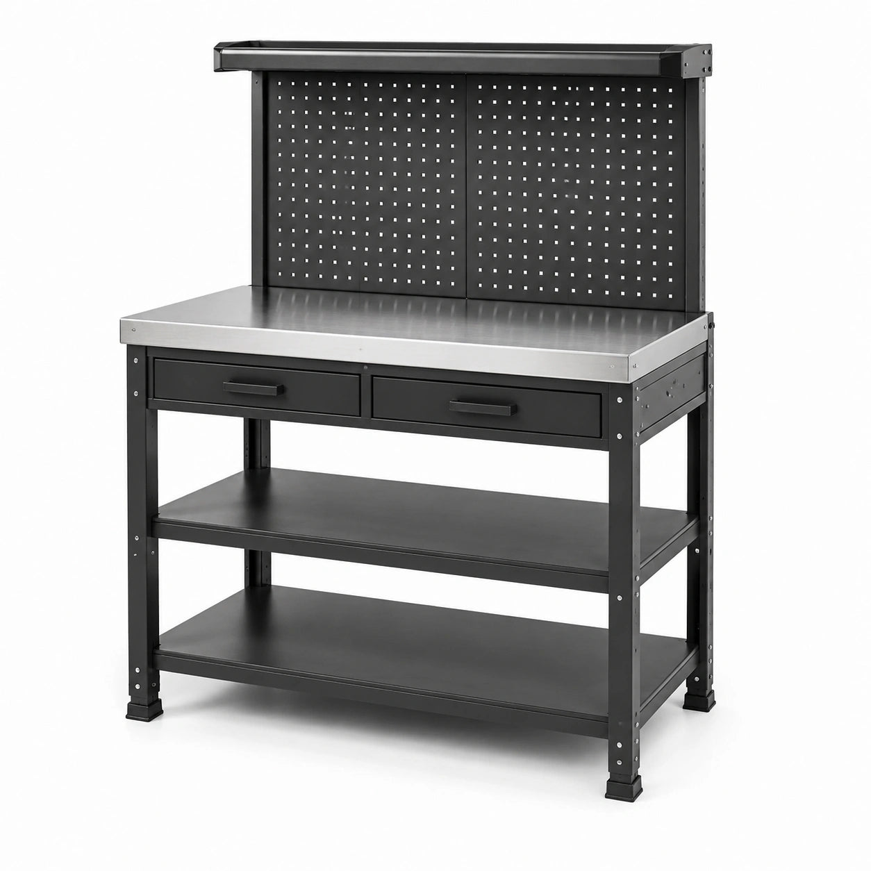 Stahl-Werkbank mit Lochwand, 120 × 60 × 155 cm, Schwarz/Silber, Edelstahl-Arbeitsplatte, 2 Schubladen und 3 Ablagen