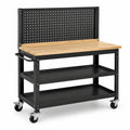 Mobile Werkbank mit Holzarbeitsplatte, Lochwand, 2 Ablagen und 4 Lenkrollen, 120 × 60 × 150 cm, Schwarz/Naturholz
