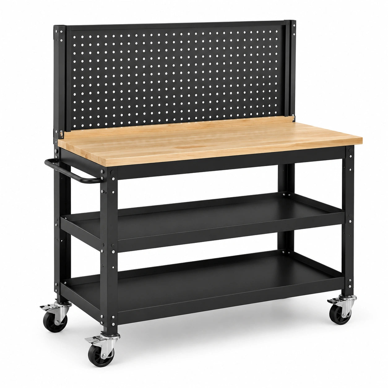 Mobile Werkbank mit Holzarbeitsplatte, Lochwand, 2 Ablagen und 4 Lenkrollen, 120 × 60 × 150 cm, Schwarz/Naturholz
