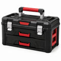 Werkzeugkoffer aus Kunststoff mit 2 Schubladen, oberem Staufach und Tragegriff, 55 × 30 × 39 cm, Schwarz-Rot-Silber