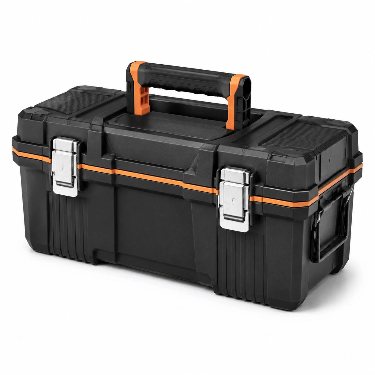 Werkzeugkoffer aus Kunststoff mit Metallverschlüssen und Tragegriffen, 58 × 28 × 30 cm, Schwarz/Orange/Silber