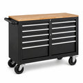 Mobiler Werkstattwagen mit Holzarbeitsplatte, 10 abschließbaren Schubladen, Schwarz, 112 × 56 × 101 cm