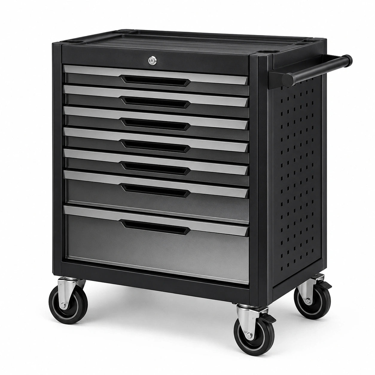 Abschließbarer Werkstattwagen aus Stahl mit 7 Schubladen, 77 × 46 × 97 cm, Schwarz/Silber