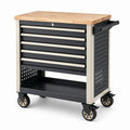 Mobiler Werkstattwagen aus Stahl und Holz, Schwarz/Beige/Natur, 72 × 46 × 88 cm, 5 Schubladen, Holzarbeitsplatte und 4 Lenkrollen