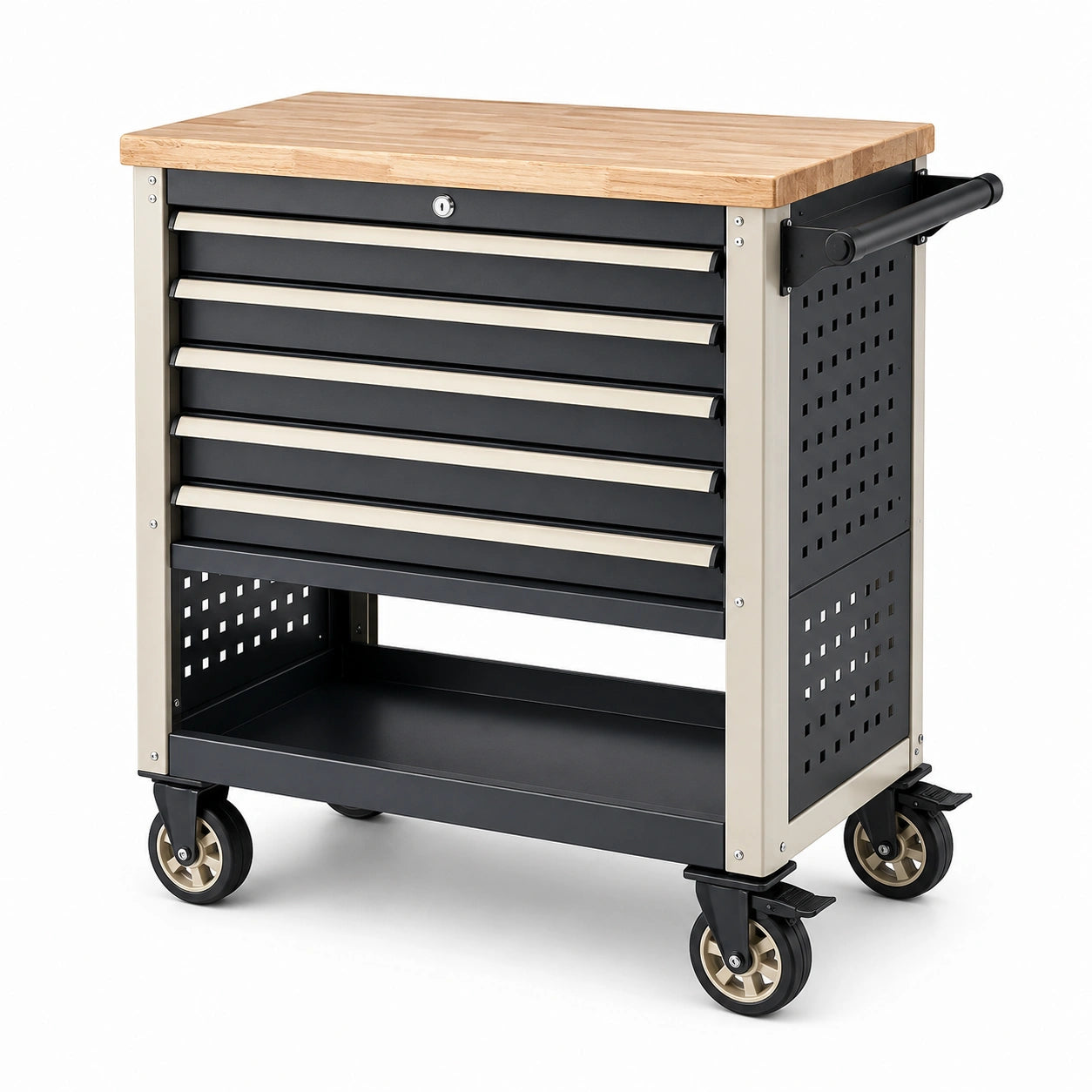 Mobiler Werkstattwagen aus Stahl und Holz, Schwarz/Beige/Natur, 72 × 46 × 88 cm, 5 Schubladen, Holzarbeitsplatte und 4 Lenkrollen