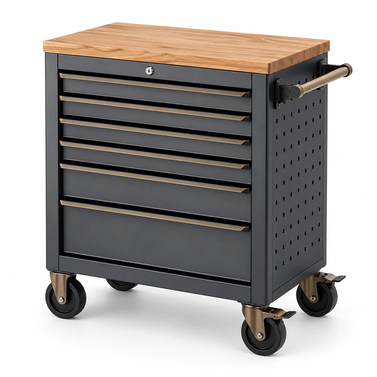Rollbarer Werkzeugwagen aus Stahl und Holz, Schwarz/Braun/Bronze, 72 × 46 × 91 cm, 7 abschließbare Schubladen