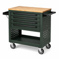 Mobiler Werkstattwagen aus Stahl und Holz, 96 × 55 × 95 cm, Dunkelgrün/Schwarz/Natur, 4 Schubladen und Rollen