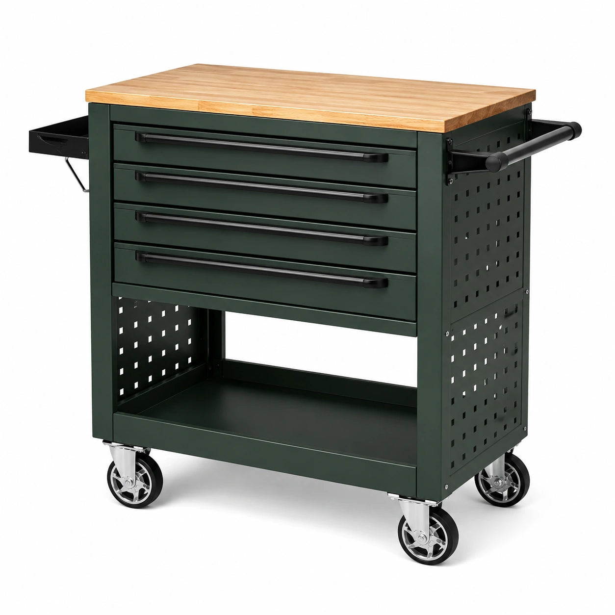 Mobiler Werkstattwagen aus Stahl und Holz, 96 × 55 × 95 cm, Dunkelgrün/Schwarz/Natur, 4 Schubladen und Rollen