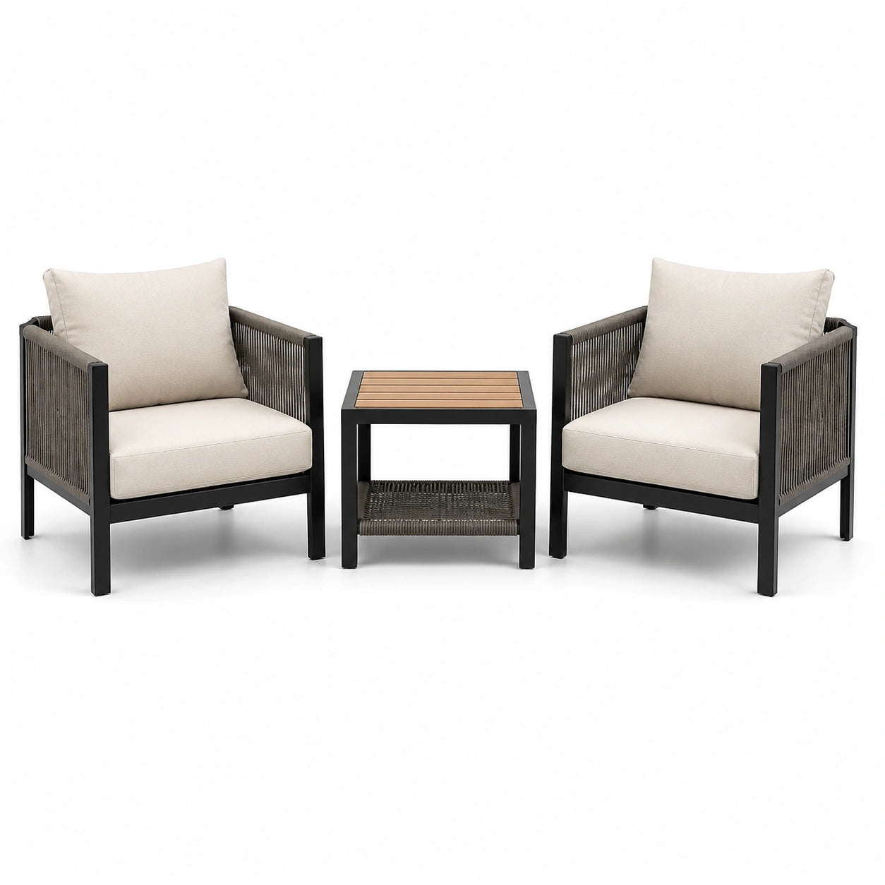 3-teilige Garten-Sitzgruppe mit 2 Sesseln 72 × 74 × 78 cm und Beistelltisch 45 × 45 × 50 cm, Schwarz, Beige und Braun