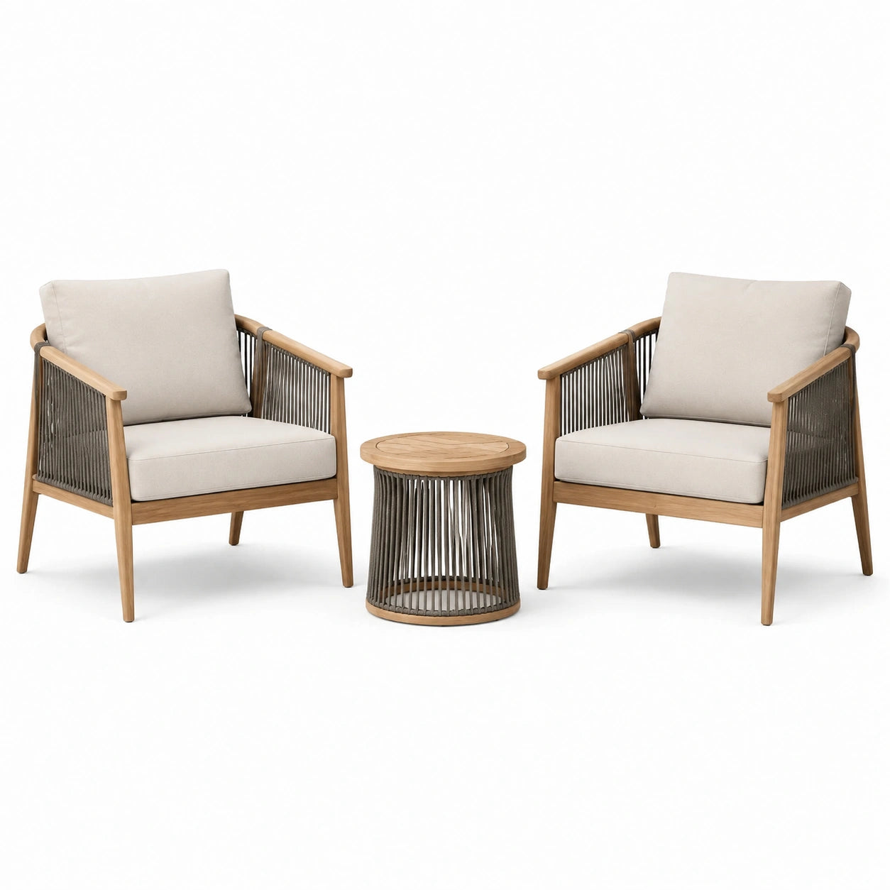 3-teiliges Gartenmöbel-Set mit 2 Sesseln 76 × 78 × 82 cm und Beistelltisch Ø 50 × 45 cm, Natur, Beige und Dunkelgrau