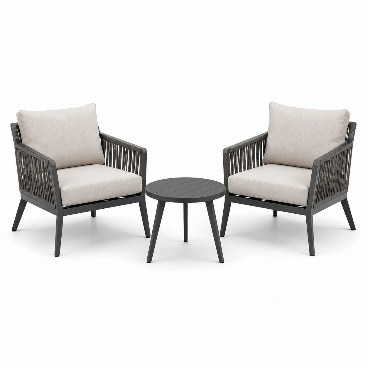 3-teilige Garten-Sitzgruppe mit 2 Sesseln 72 × 75 × 78 cm und Rundtisch Ø 55 × 45 cm, Dunkelgrau und Beige