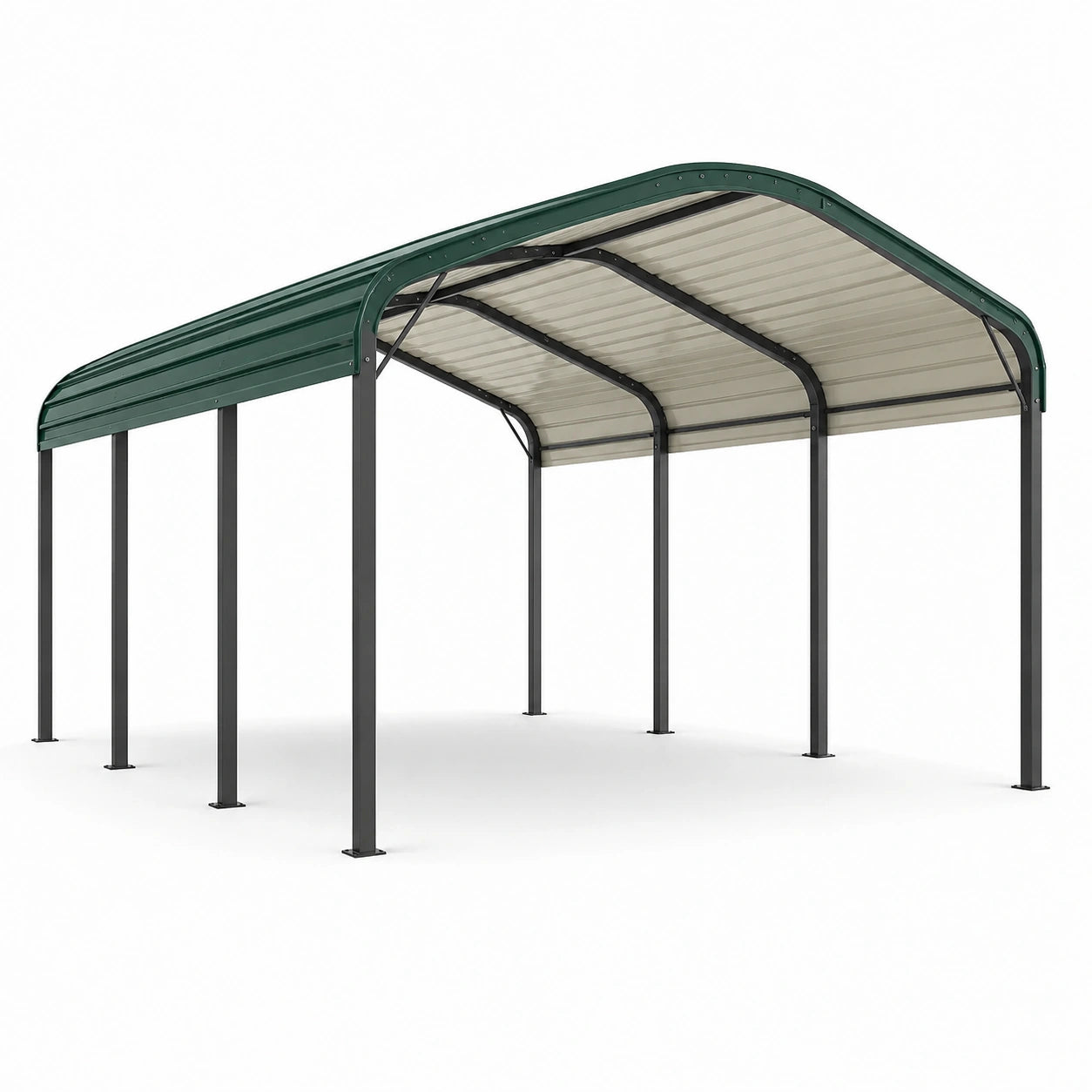 Doppelcarport aus Stahl mit Bogendach und Seitenüberdachung, 600 × 600 × 300 cm, Dunkelgrün/Anthrazit/Hellgrau