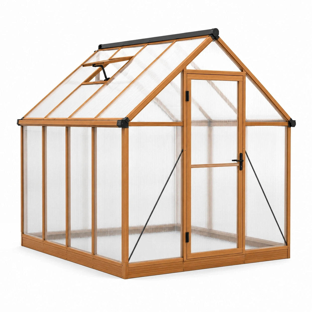 Gewächshaus aus Holz und Polycarbonat mit Tür und Dachfenster, 244 × 190 × 210 cm, Natur, Transparent und Schwarz