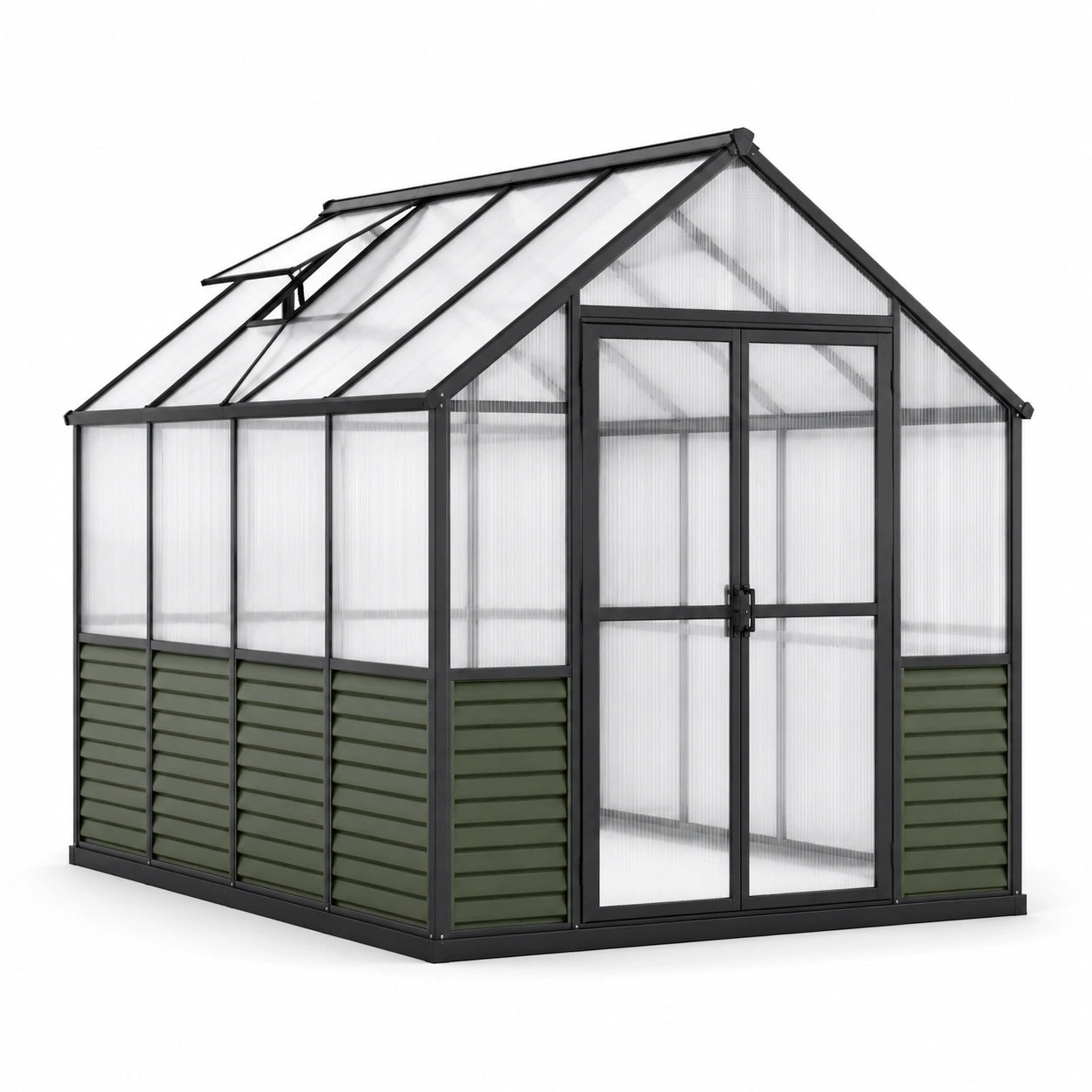 Gewächshaus aus Aluminium und Polycarbonat, 190 × 190 × 195 cm, Schwarz, Transparent und Grün, mit Doppeltür und Dachfenster