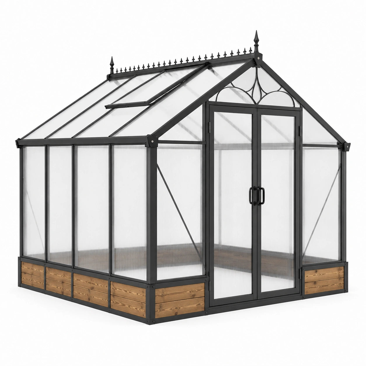 Viktorianisches Gewächshaus 250 × 190 × 225 cm in Schwarz, Transparent und Braun mit Doppeltür und Dachfenster