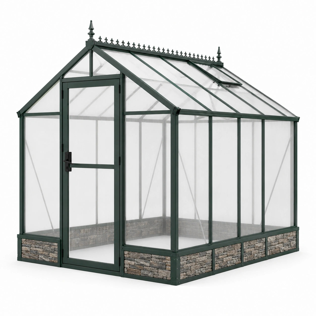Gewächshaus aus Aluminium, 250 × 190 × 220 cm, Grün, Transparent und Grau, mit Satteldach, Tür und Dachfenster