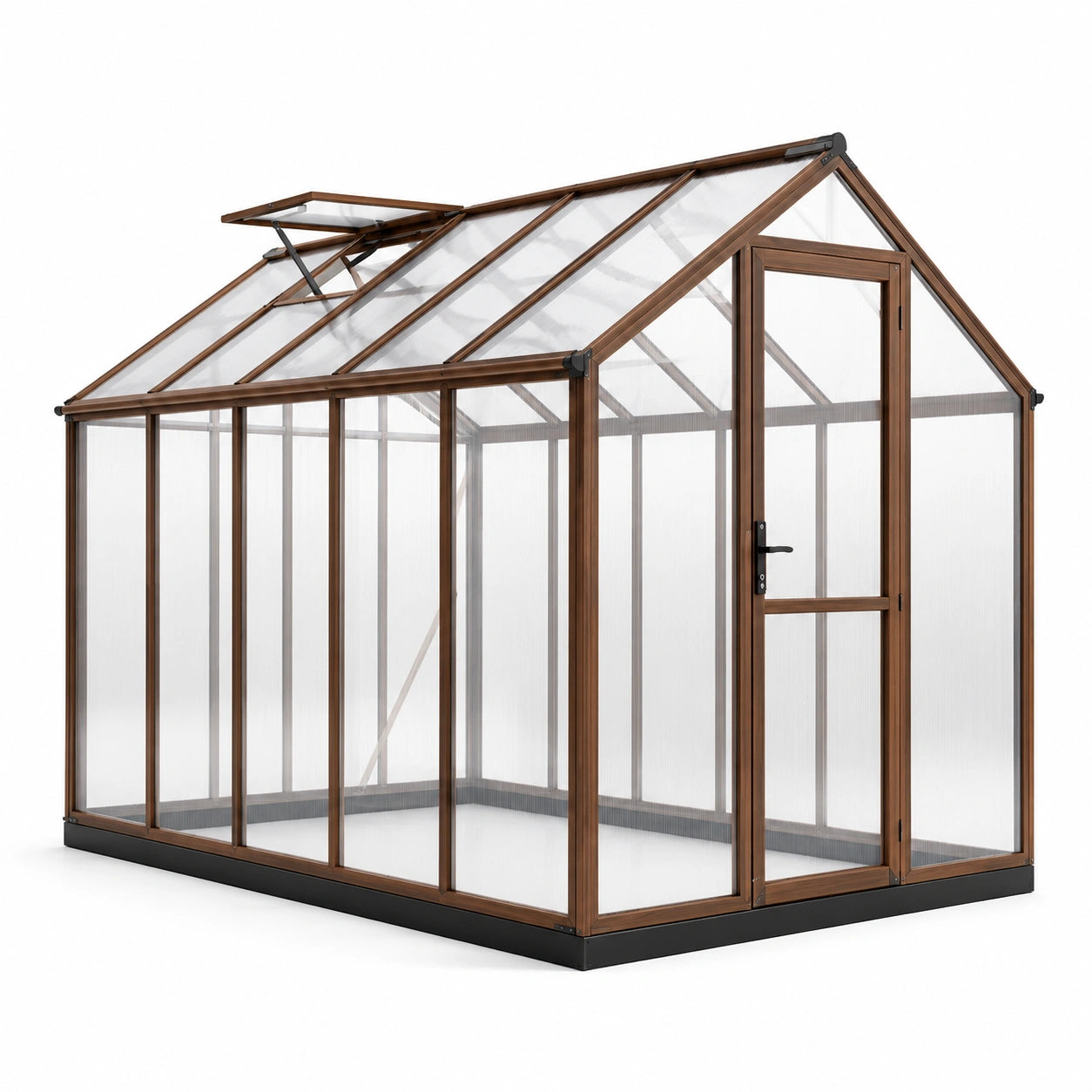 Gewächshaus aus Aluminium und Polycarbonat, 250 × 190 × 195 cm, Braun/Transparent, mit 2 Dachfenstern und Scharniertür