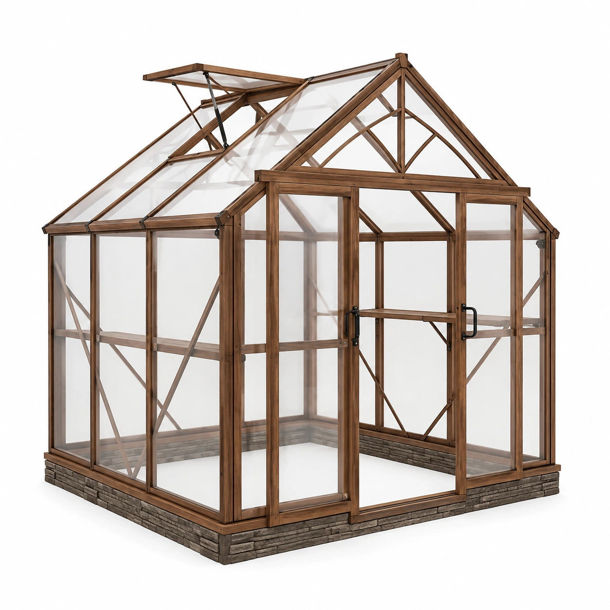Gewächshaus aus Holz mit Dachfenster und Doppeltür, 244 × 183 × 229 cm, Braun/Transparent/Anthrazit