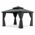 Gartenpavillon 300 × 300 × 280 cm in Anthrazit mit festem Metalldoppeldach und Seitenvorhängen