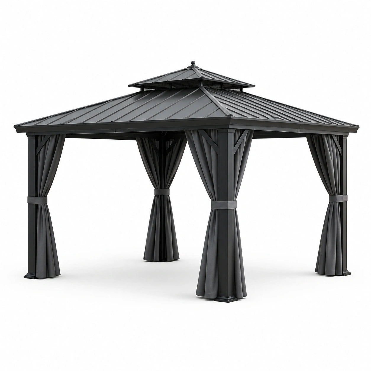 Gartenpavillon 300 × 300 × 280 cm in Anthrazit mit festem Metalldoppeldach und Seitenvorhängen