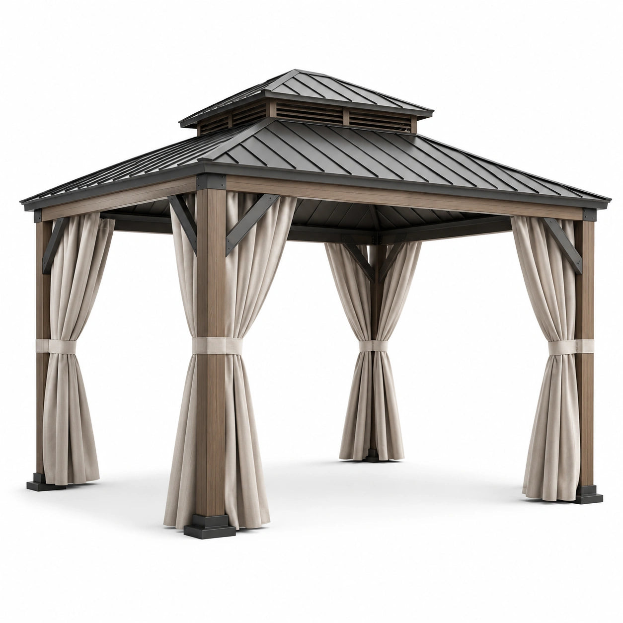 Gartenpavillon mit Metall-Hartdach und Vorhängen, 400 × 300 × 290 cm, Anthrazit, Braun und Beige