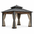 Gartenpavillon 400 × 300 × 300 cm, Anthrazit, Braun und Beige, mit festem Metalldach und Vorhängen