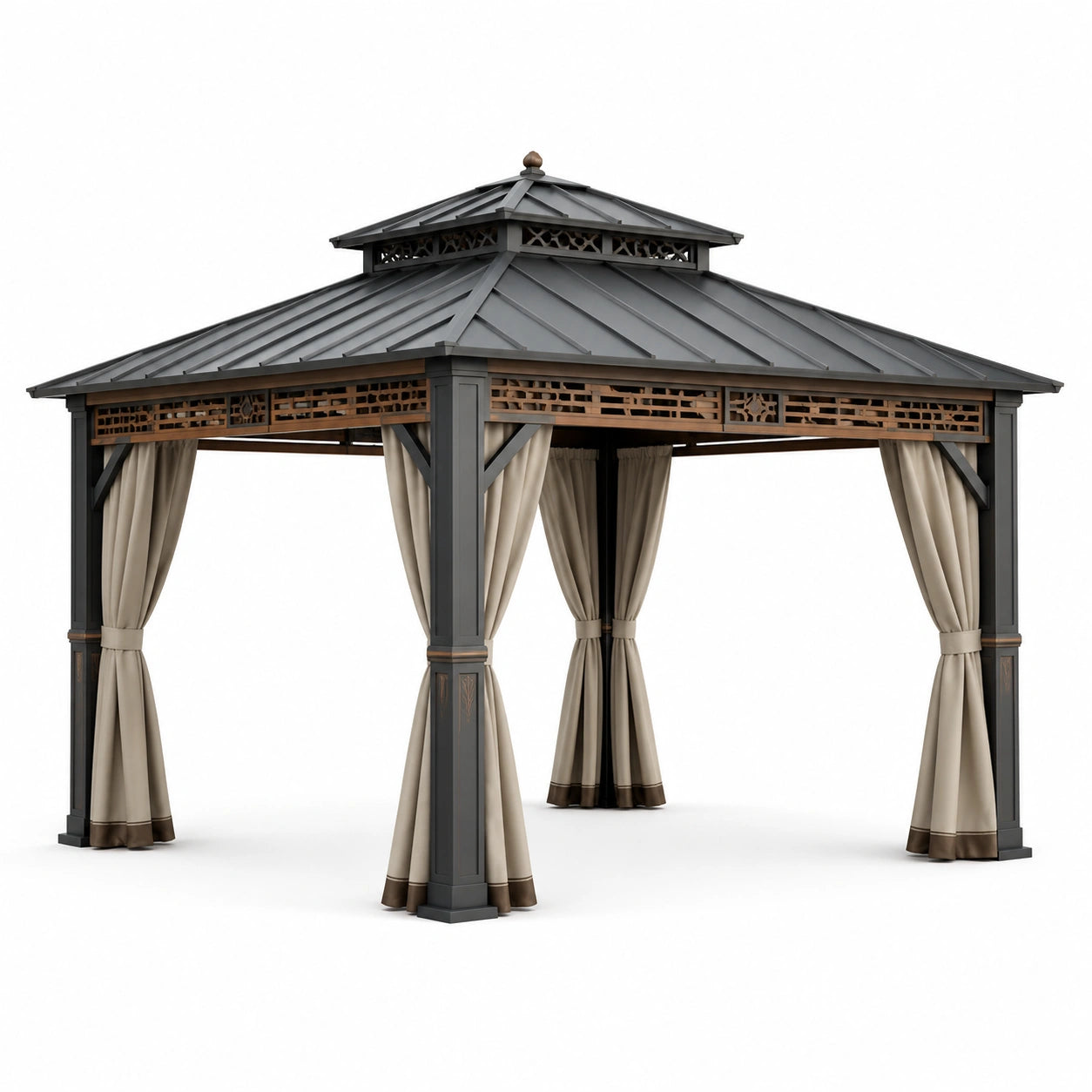 Gartenpavillon 400 × 300 × 300 cm, Anthrazit, Braun und Beige, mit festem Metalldach und Vorhängen