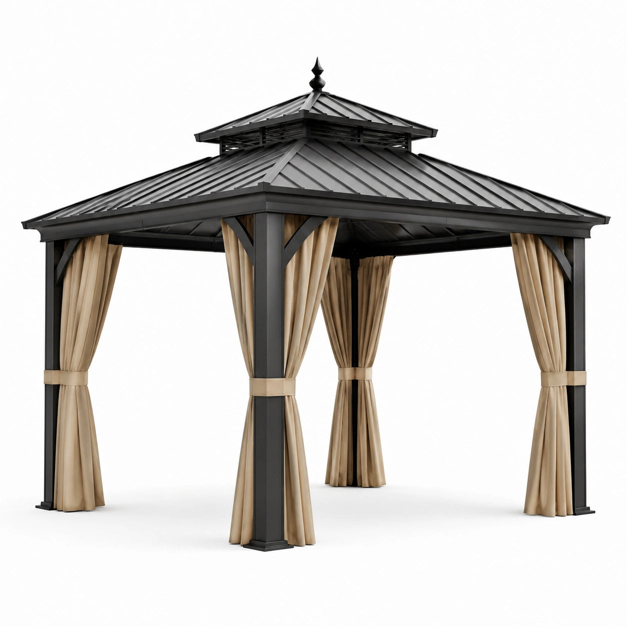 Gartenpavillon mit Metall-Doppeldach und Seitenvorhängen, 300 × 300 × 310 cm, Anthrazit und Beige