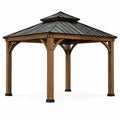 Gartenpavillon aus Holz und Metall, 300 × 300 × 280 cm, Braun/Schwarz, freistehend mit zweistufigem Metalldach