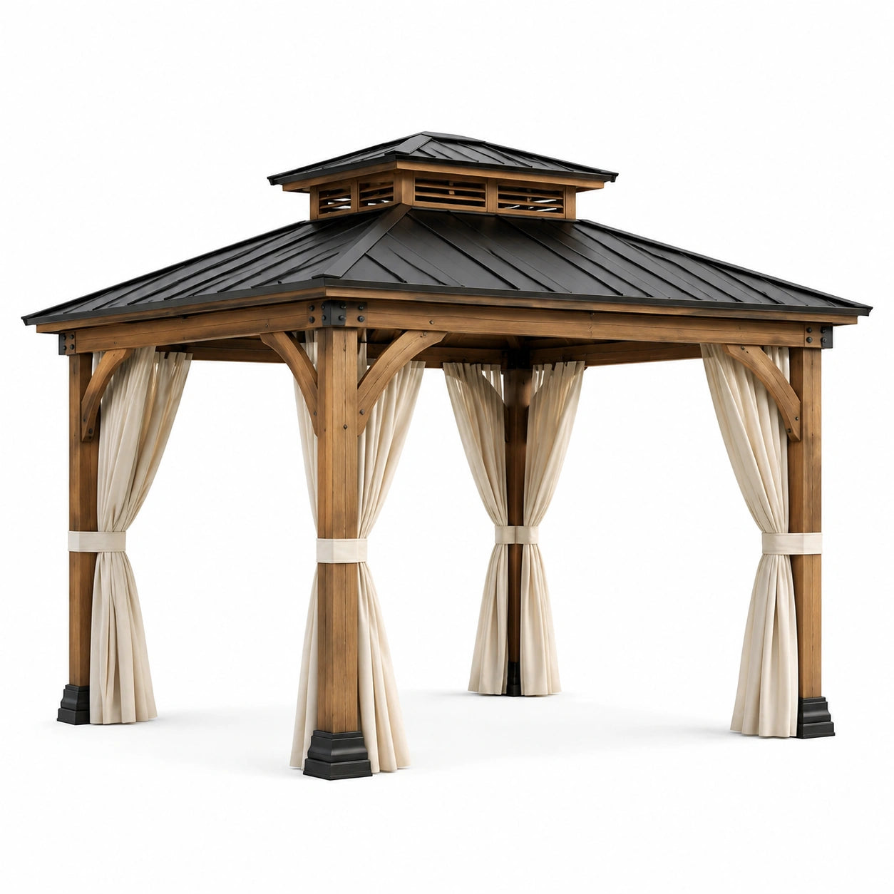 Gartenpavillon aus Holz, 365 × 365 × 310 cm, Braun, Schwarz und Creme
