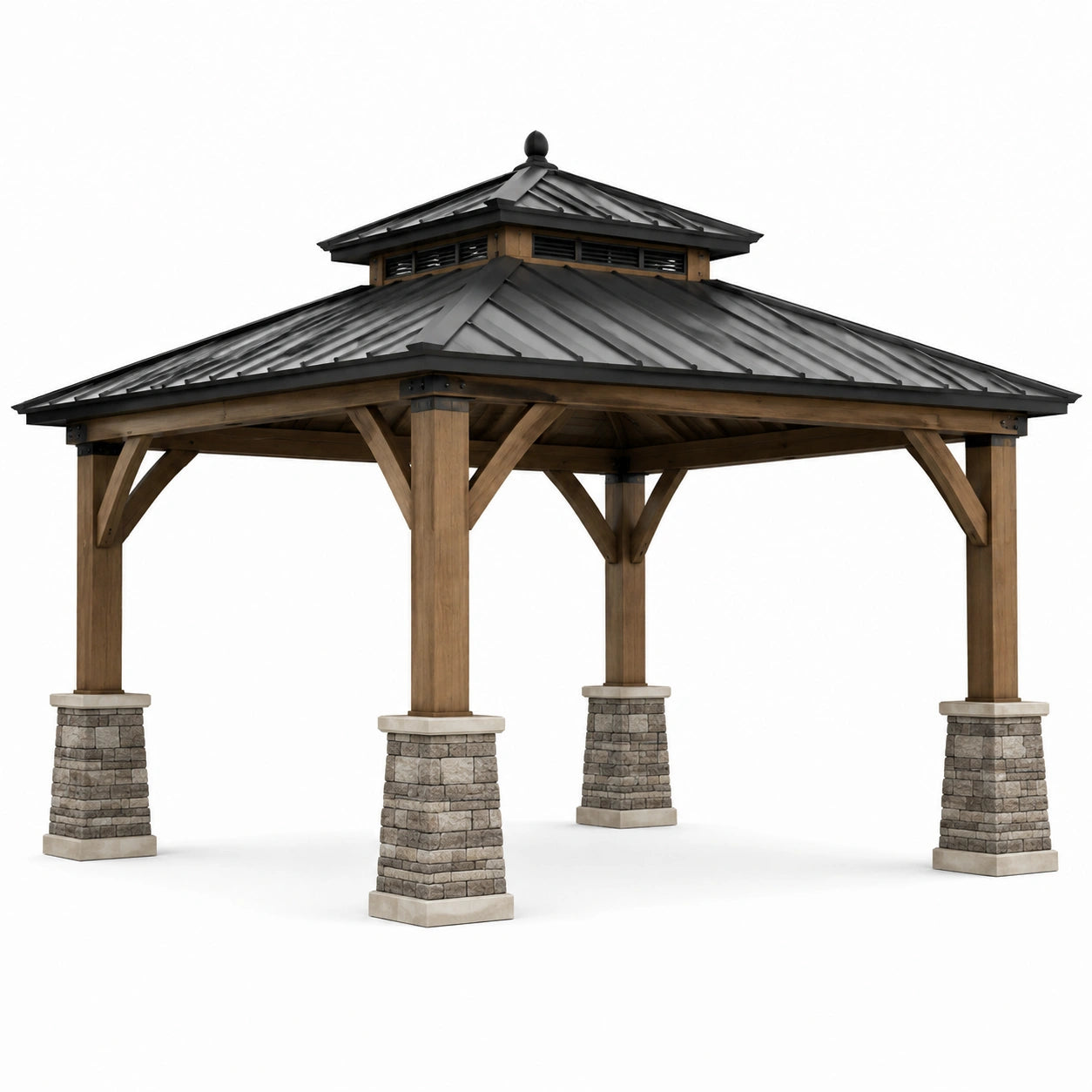 Gartenpavillon 400 × 400 × 330 cm aus braunem Holz mit anthrazitfarbenem Metalldach und grauen Steinsockeln