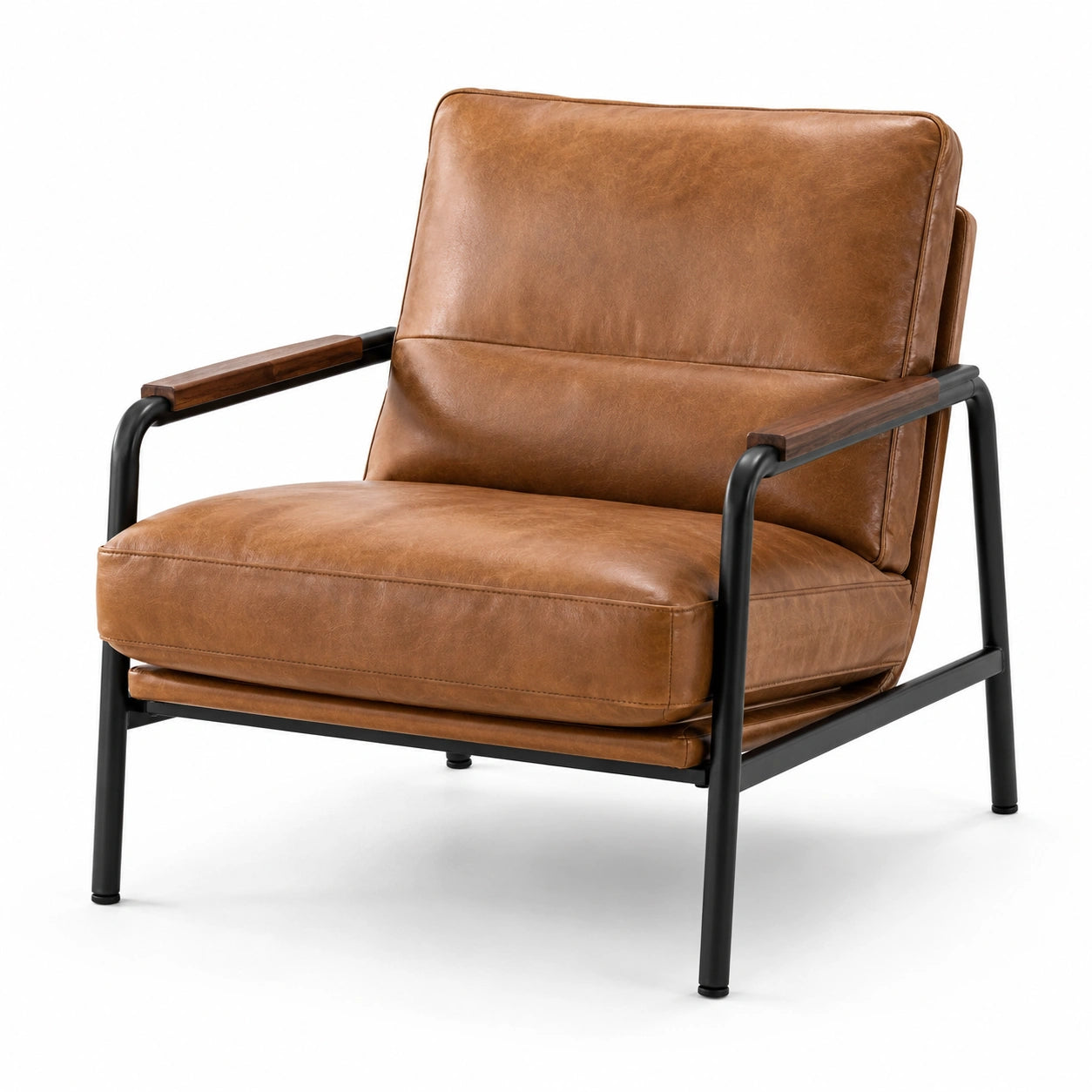 Loungesessel 75 × 82 × 80 cm aus braunem Kunstleder mit schwarzem Metallgestell und dunkelbraunen Holzarmlehnen