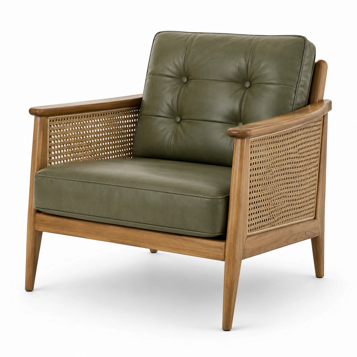 Loungesessel im Retro-Stil, Olivgrün, Holz und Rattangeflecht, 76 × 82 × 84 cm