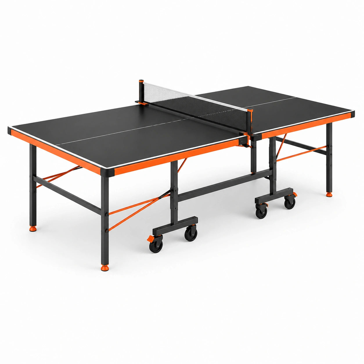 Klappbarer Tischtennistisch mit Netz und Rollen, 274 × 152,5 × 76 cm, Schwarz/Orange/Silber